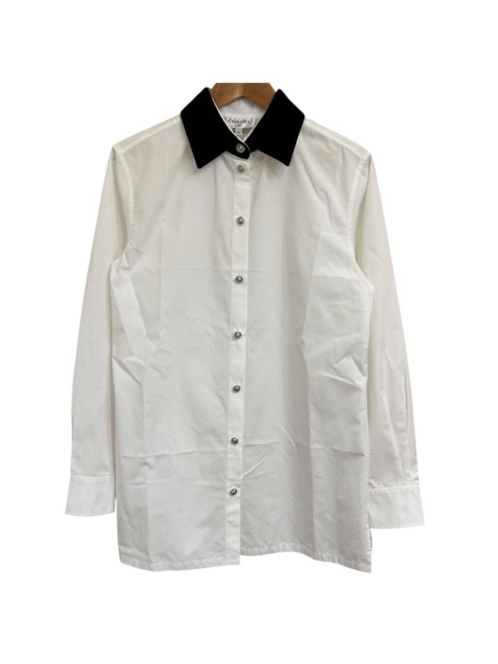 Chanel Velour Collar Long Sleeve Blouse Shirt Size 34 White 22B